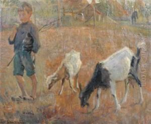Young Boy With Two Goats In A Field by Frans Nackaerts