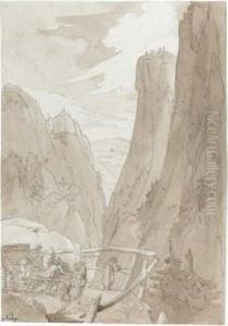 View Of The Via Mala, With A Coach And Horses And An Artist Sketching by Franz Joh. Heinr. Nadorp