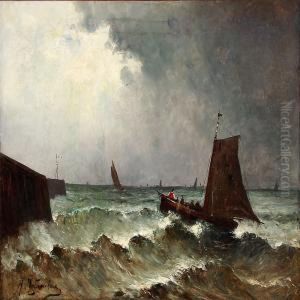Coastal Scene With Sailing Ships In High Waves