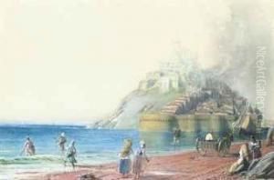 Fisherfolk On The Beach Before Mont St. Michel
