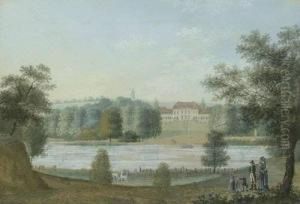 Ansicht Eines Barockschlosschens Mit Teich Und Gartenanlage