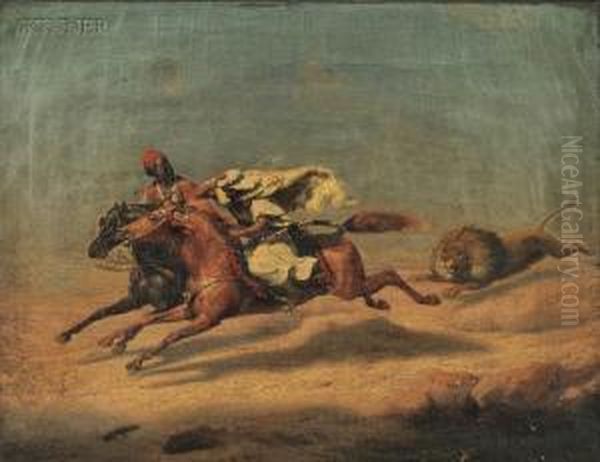 Arab Horsemen Fleeing A Lion - view 1