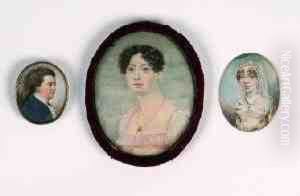 A Miniature Portrait Of A Young Lady With A Lace Veil, White Gown And Jewellery, Against A Sky Background