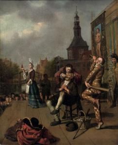 A Quack Doctor With A 'comedia Dell' Arte' Figure by Matthijs Naiveu