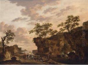 A Southern Landscape With A Wooden Bridge And Travellers By A Bluff With Their Horses And Dogs by Herman Naiwincx