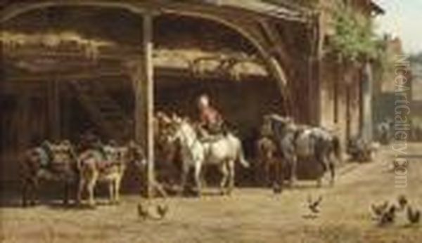 Donkeys And Horses Gathered Under A Shelter N A Summer's Day - view 1