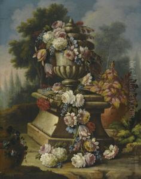 A Still Life With A Garland Of Roses, Tulips, Carnations And Other Flowers, Draped Around A Stone Urn In A Landscape by Giacomo Nani