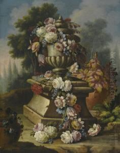 A Still Life With A Garland Of Roses, Tulips, Carnations And Other Flowers, Draped Around A Stone Urn In A Landscape