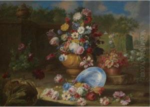 A Garden Landscape With Carnations, Roses, Tulips And Other Flowers In Vases, An Urn To The Left by Giacomo Nani