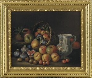 A Basket Of Apples And Figs With Hazelnuts, Cherries, Peaches And A Porcelain Jug On A Ledge