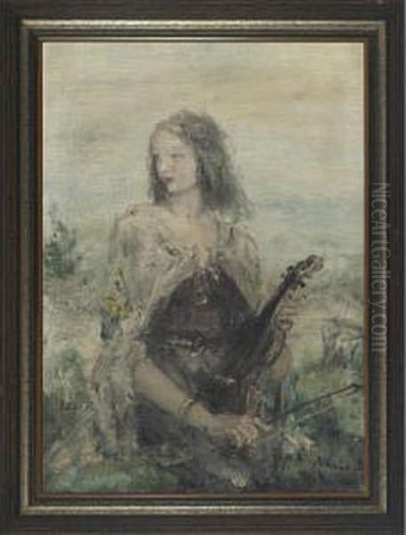Beauty Playing A Violin In A Landscape - view 1