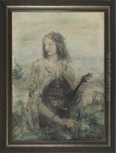 Beauty Playing A Violin In A Landscape by Aurel Naray