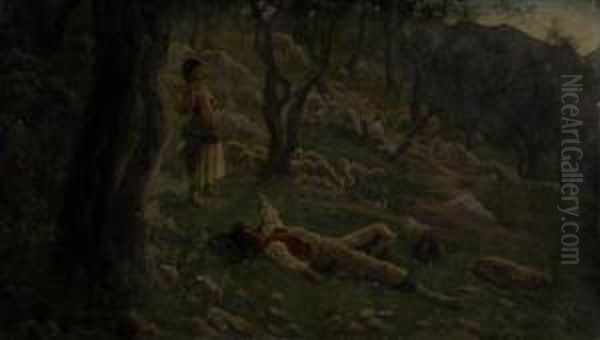 Zampognaro E Pastorella Con Gregge Nel Bosco - view 1