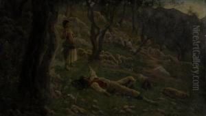 Zampognaro E Pastorella Con Gregge Nel Bosco by Enrico Nardi