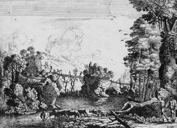 Landschaft Mit Bergen Und Einem Fluss, Im Vordergrund Zweihirten Mit Kuhen - view 1