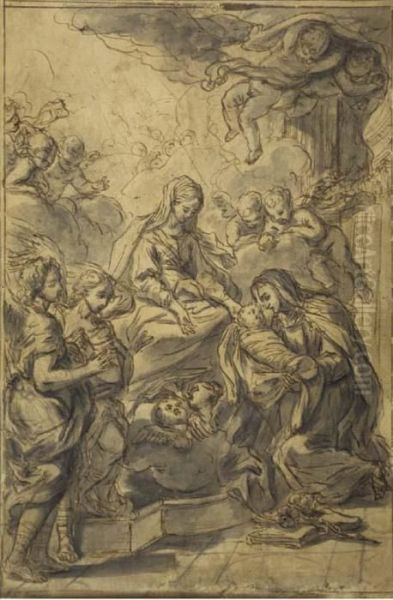 La Vierge Presentant L'enfant Jesus A Sainte Catherine De Sienne Entouree D'anges Et De Putti - view 1