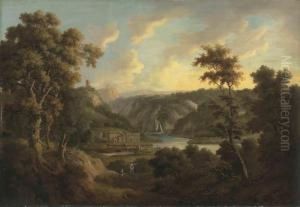 An Extensive Wooded Mountainous River Landscape With Figures On A Track, Shipping Beyond