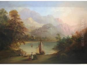 Figures With Sheep By A Boat On The Shores Of A Loch by Charlotte Nasmyth