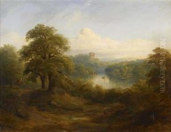 A Wooded Landscape With Loch And Distant Tower - view 1