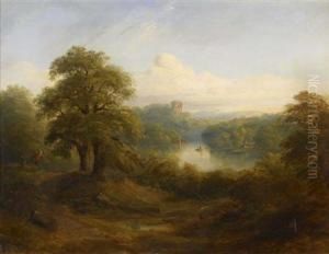 A Wooded Landscape With Loch And Distant Tower