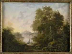 A Wooded Highland Landscape With Fishing Boat On A Loch by Charlotte Nasmyth