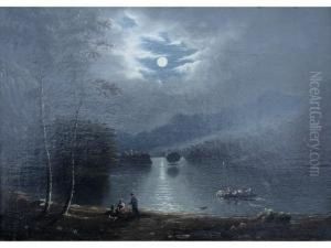 Moonlit Lake Landscape With Figures And A Boat by Jane Nasmyth
