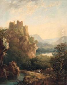 Figures Resting On A Path Before A Hilltop Castle by Margaret Nasmyth