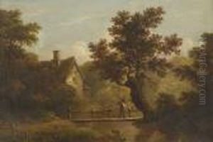 A Figure Crossing A Wooden Bridge Before A Cottage by Patrick, Peter Nasmyth