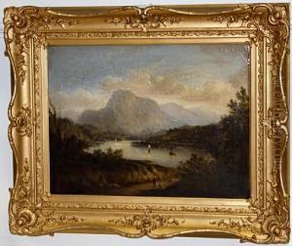 Mountainous Lake Scene, With Figures On A Track To The Foreground - view 1