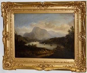 Mountainous Lake Scene, With Figures On A Track To The Foreground by Patrick, Peter Nasmyth
