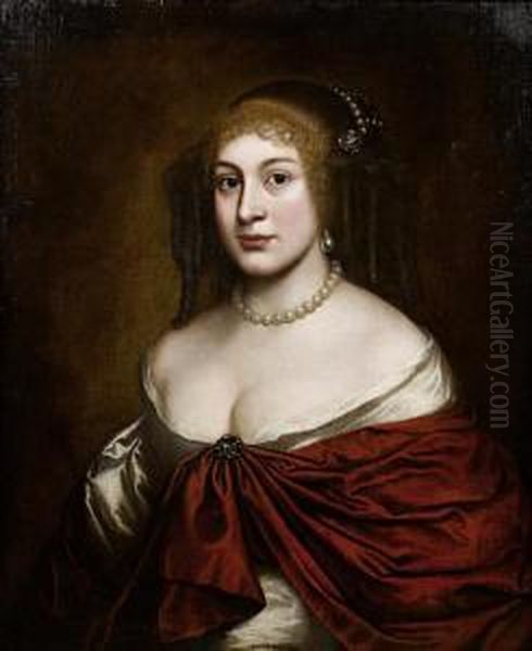 Portrait Of A Lady, Bust-length, In A White Silk Dress, A Red Wrap And A Pearl Headdress - view 1