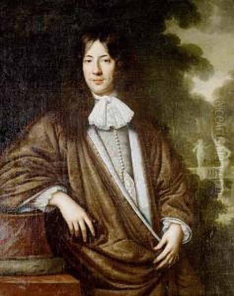 Portrait Of A Gentleman, Three-quarter-length,in A Purple Silk Mantle, A Silver Embroidered Waistcoat And Whitelace Chemise, Leaning On A Column Before An Italianate Garden - view 1