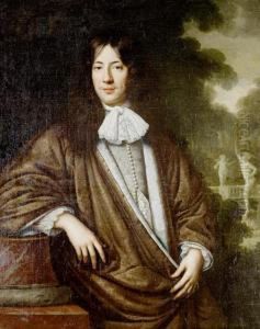 Portrait Of A Gentleman, Three-quarter-length,in A Purple Silk Mantle, A Silver Embroidered Waistcoat And Whitelace Chemise, Leaning On A Column Before An Italianate Garden