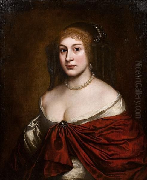 Portrait Of A Lady, Bust-length, In A Whitesilk Dress, A Red Wrap And A Pearl Headdress - view 1