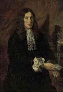 Portrait Of A Gentleman Traditionally Identified As James Cook(1669 - ?1703), Half-length, In A Black Doublet And Pantaloons Anda Lace Jabot Holding A Manuscript In His Right Hand, A Landscapebeyond