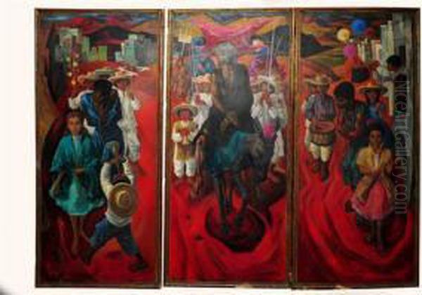 Tres Paneles. Oleo Sobre Madera, Temas Populares Mexicanos. Escenas Alusivas Al Domingo De Ramos. Dimensiones: 200 X 86 Cm Cada Uno - view 1