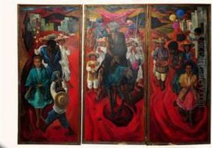 Tres Paneles. Oleo Sobre Madera, Temas Populares Mexicanos. Escenas Alusivas Al Domingo De Ramos. Dimensiones: 200 X 86 Cm Cada Uno by Thomas Nast