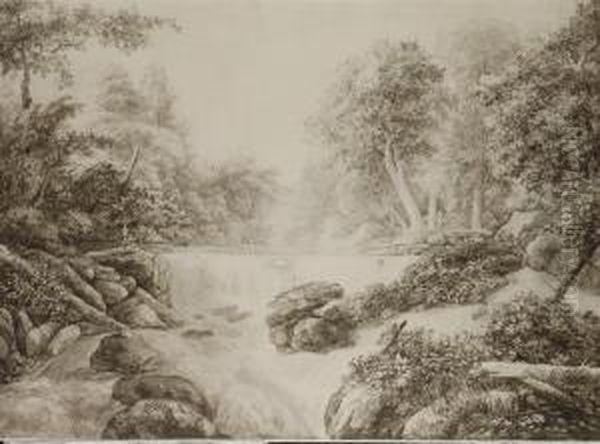 Paysage Fluvial, Deux Hommes Sur Le Bord D'un Rivage - view 1
