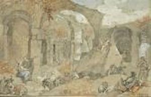 L'interieur Du Colisee Avec Bergers Et Animaux by Charles Joseph Natoire