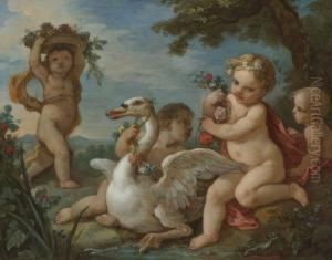 Putti Adorning A Swan With A Garland Of Flowers