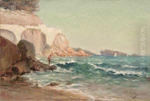 Pecheur En Contrebas De La Corniche A Marseille by Louis Nattero