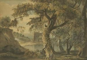 Thefaggot Gatherers, A Wooded River Landscape With Castle by John Claude Nattes