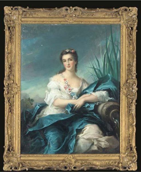 Portrait Of A Lady, As A River Goddess, In A White Satin Dress Andblue Mantle, A Garland Of Flowers Over Her Shoulder - view 1