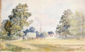A Collection Of Watercolours Consisting Of Village Scenes, A Country Landscape, Castle Ruins And A Beached Hull by George Nattress