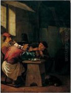 Two Men Drinking With Another Playing A Recorder In An Interior by Johannes Natus