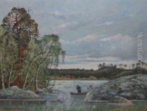 River Landscape With Figures In A Boat