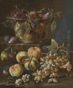 A Still Life With Peaches, Grapes, Plums And Flowers by Pietro Navarra