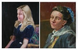 Portrait Of A Young Girl With Blonde Hair Andwearing A Blue Dress by Edward Mossforth Neatby