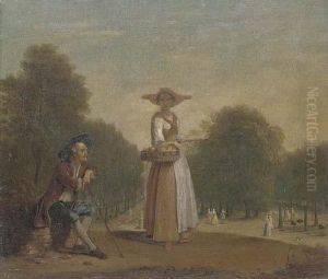 A Lady Selling Peaches In A Formal Garden With An Old Man Seated, Elegant Figures Beyond by Balthasar Nebot