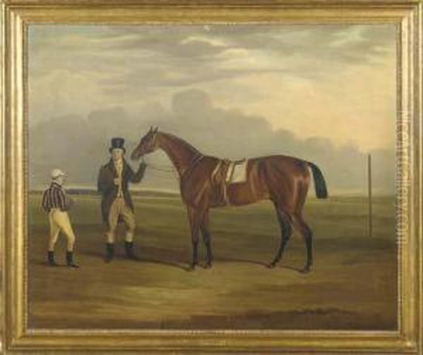 Chorister, A Bay Racehorse Held By A Groom, With A Jockey, On Aracecourse - view 1